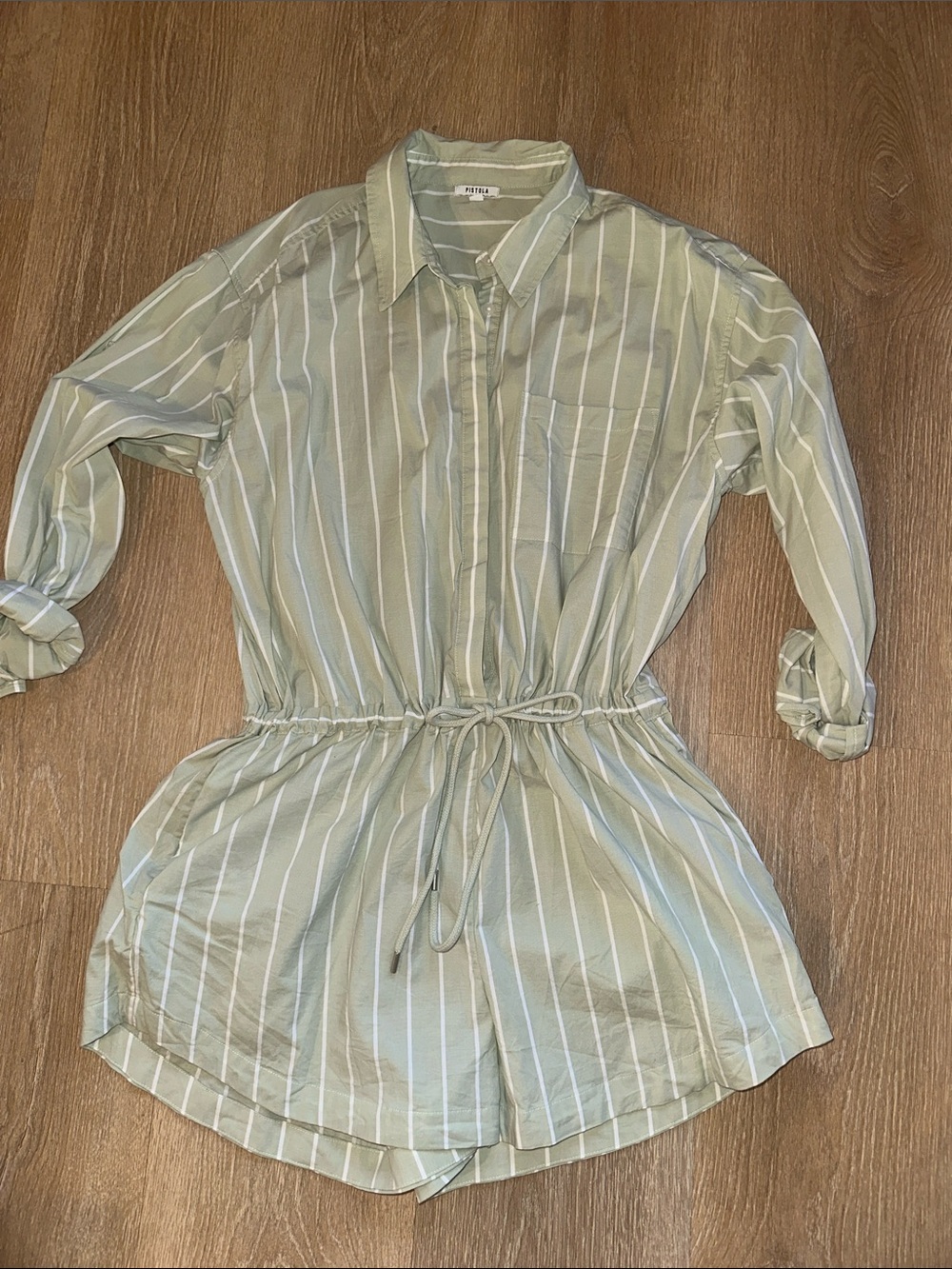 Pistola green and white striped long sleeve romper